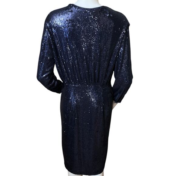 Anthropologie Women's Navy Blue Twist-Front Sequin Wrap Sheath Dress Size 10P - Picture 3 of 12